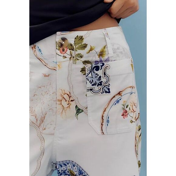Anthropologie Colette Cropped Wide-Leg Pants Maeve Magic Fabric White Floral - Picture 5 of 5